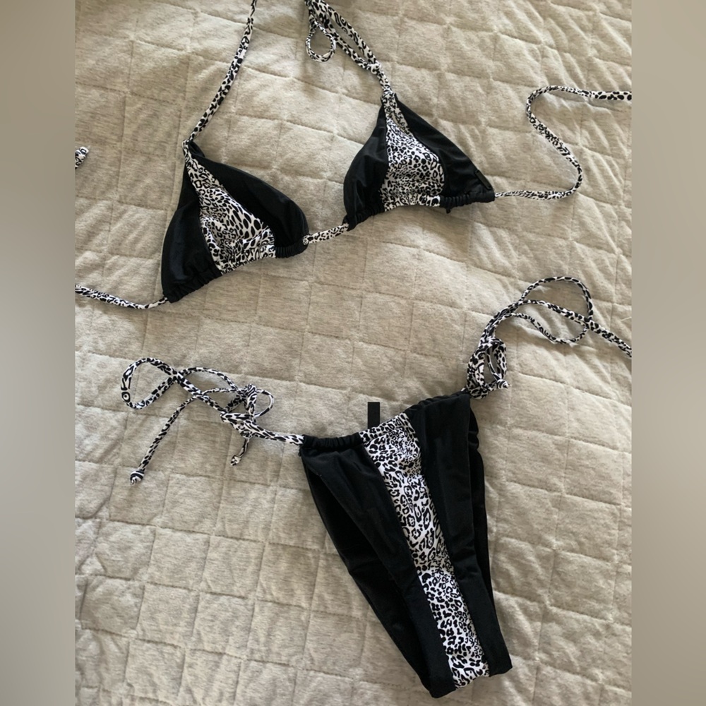 Kendall + Kylie “Liquid Leo” Black White High cut Animal Print String Bikini